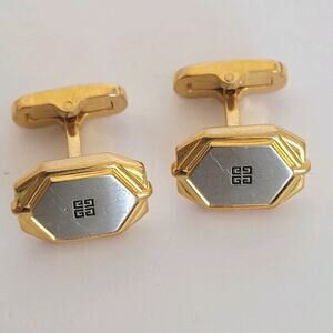 Givenchy Cufflinks Set Gold Silver Tone Logo Vintage Geometric Hexagon Retro